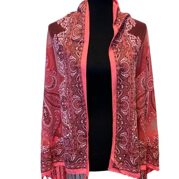 New Pink Floral Paisley Silver Glitter Fringed Sheer Lightweight Fashion Scarf - Picture 3 of 3